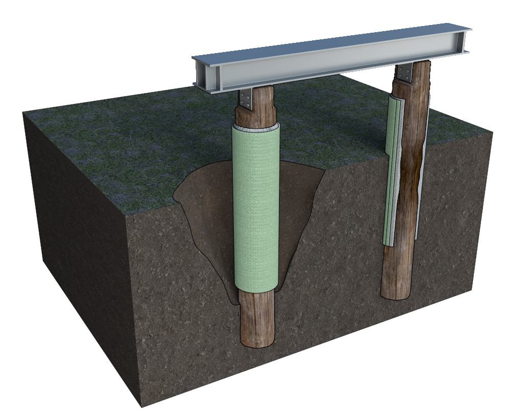 Timber pile with glass fiber reinforcement - from left side Timber Pile With Glass Fiber Reinforcement From Left Side